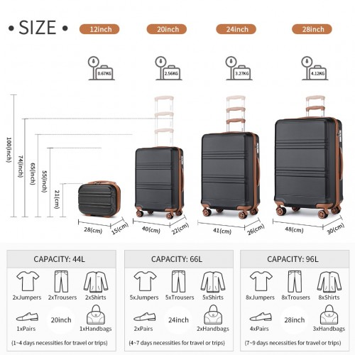 Kono ABS 4 Piece Luggage Set with Vanity Case - Black & Brown | Lightweight, Durable & TSA Approved - BEYRUN