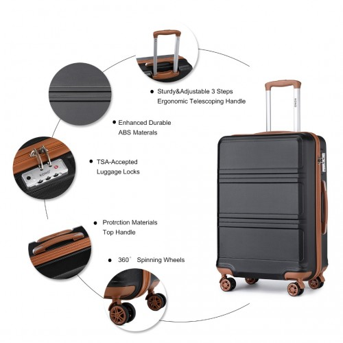 Kono ABS 4 Piece Luggage Set with Vanity Case - Black & Brown | Lightweight, Durable & TSA Approved - BEYRUN