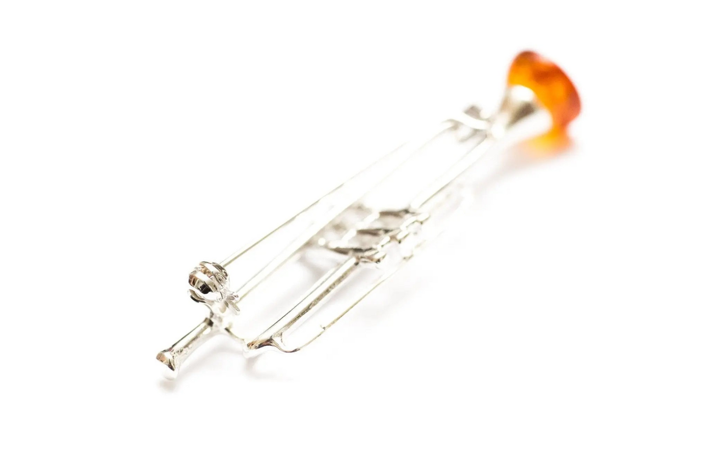 Elegant Silver Trumpet Brooch with Cognac Baltic Amber - Perfect for Music Lovers