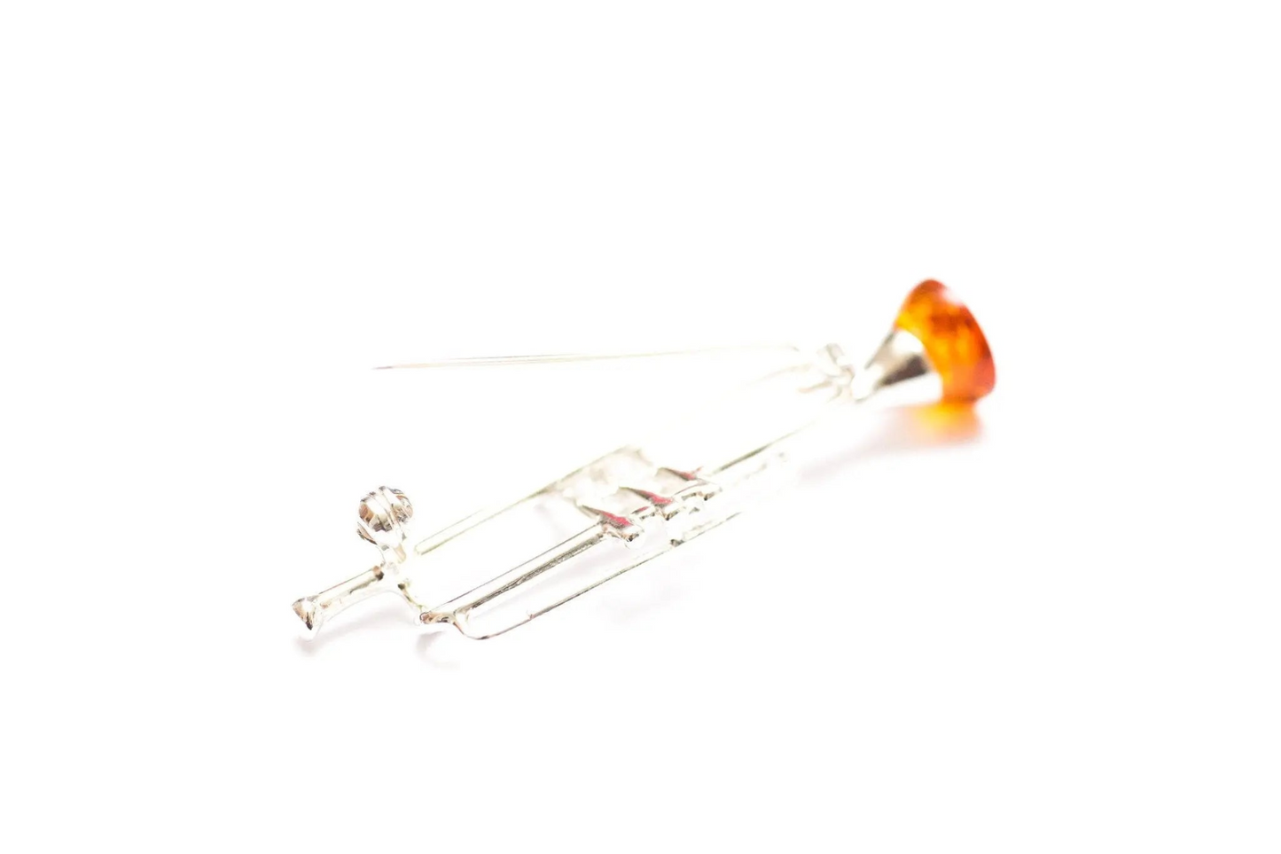 Elegant Silver Trumpet Brooch with Cognac Baltic Amber - Perfect for Music Lovers