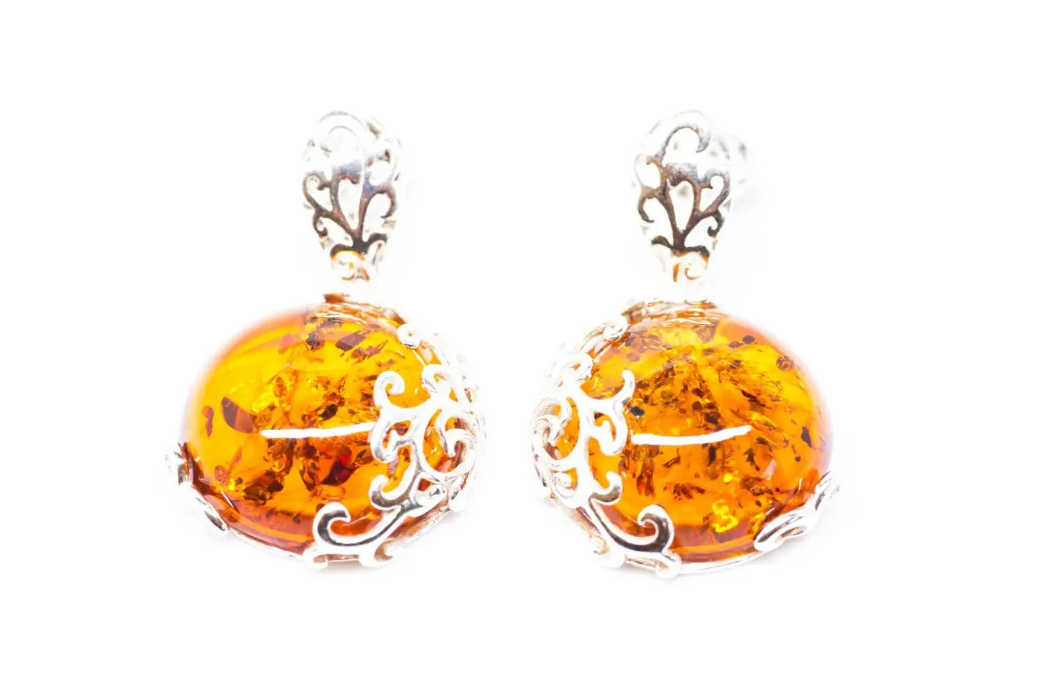 Fiery Amber Filigree Dangle Earrings - Elegant Baltic Amber Drop Earrings | Sterling Silver - BEYRUN