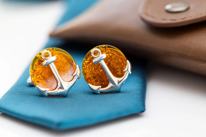 Amber Anchor Cufflinks - Nautical Sterling Silver & Baltic Amber Jewelry for Men