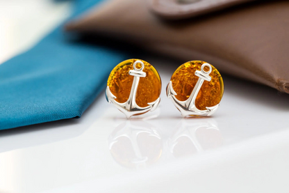 Amber Anchor Cufflinks - Nautical Sterling Silver & Baltic Amber Jewelry for Men