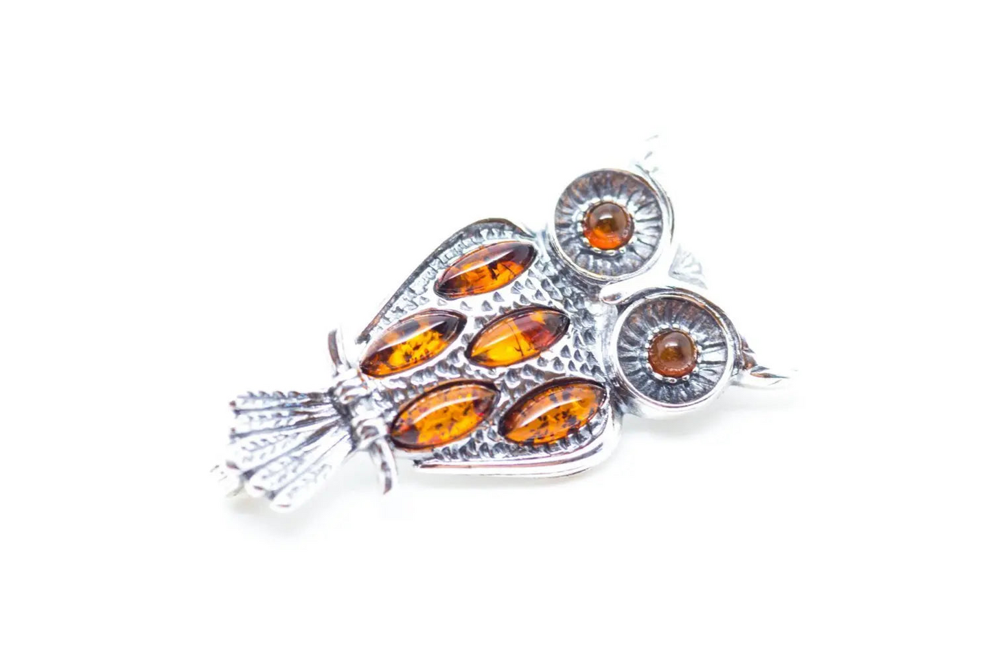 Wise Owl Brooch - Sterling Silver with Baltic Amber Stones - BEYRUN