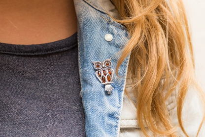 Wise Owl Brooch - Sterling Silver with Baltic Amber Stones - BEYRUN