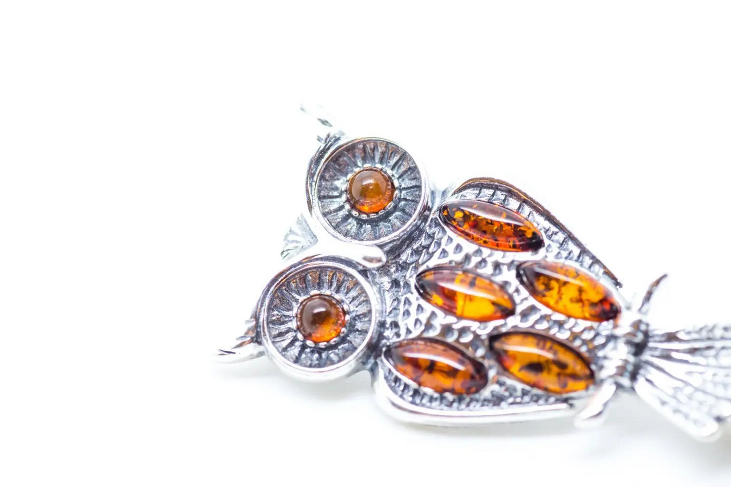 Wise Owl Brooch - Sterling Silver with Baltic Amber Stones - BEYRUN