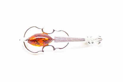 Classic Amber Violin Brooch - Elegant Sterling Silver Pin with Baltic Amber