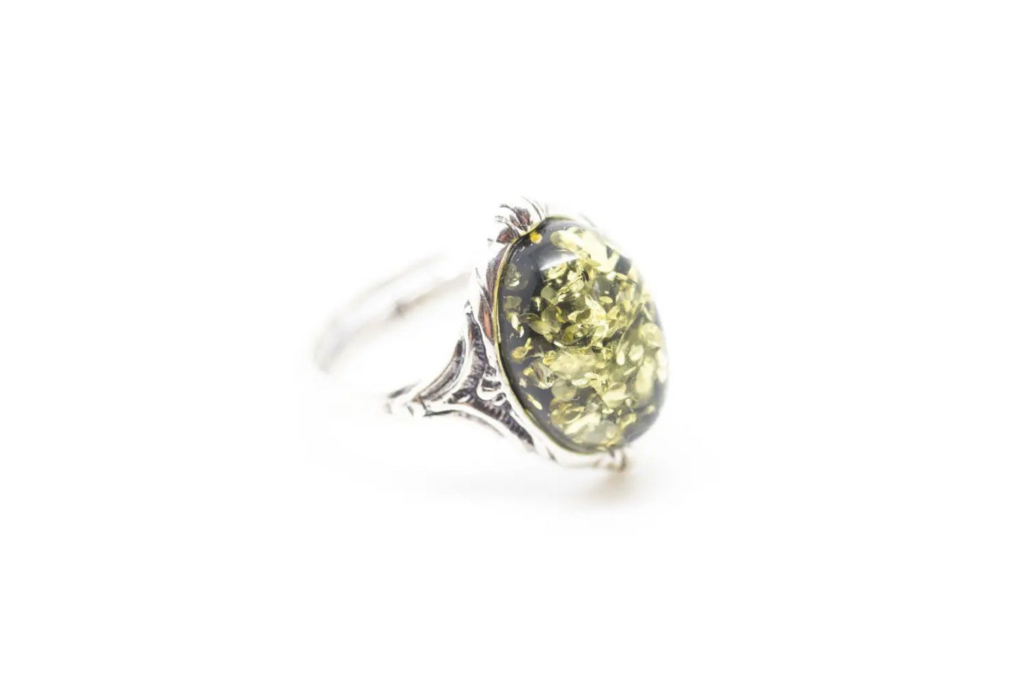 Boho Green Amber Ring - Sparkling Green Amber Centrepiece in a Textured Setting - BEYRUN