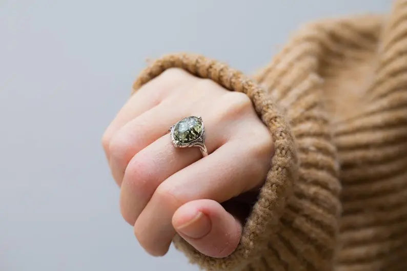 Boho Green Amber Ring - Sparkling Green Amber Centrepiece in a Textured Setting - BEYRUN