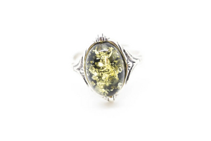 Boho Green Amber Ring - Sparkling Green Amber Centrepiece in a Textured Setting - BEYRUN