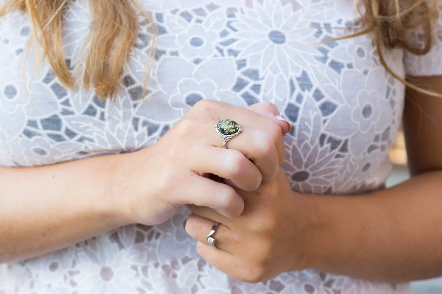 Boho Green Amber Ring - Sparkling Green Amber Centrepiece in a Textured Setting - BEYRUN