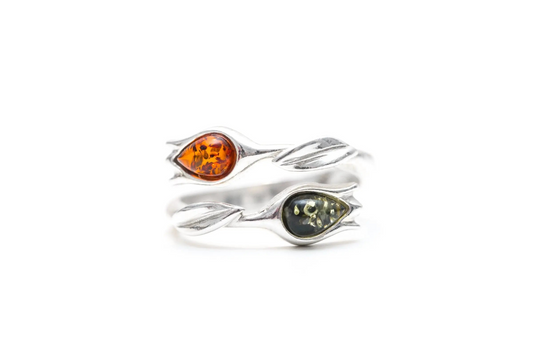 Two Tone Amber Tulip Ring - Delicate Floral Design in Sterling Silver - BEYRUN