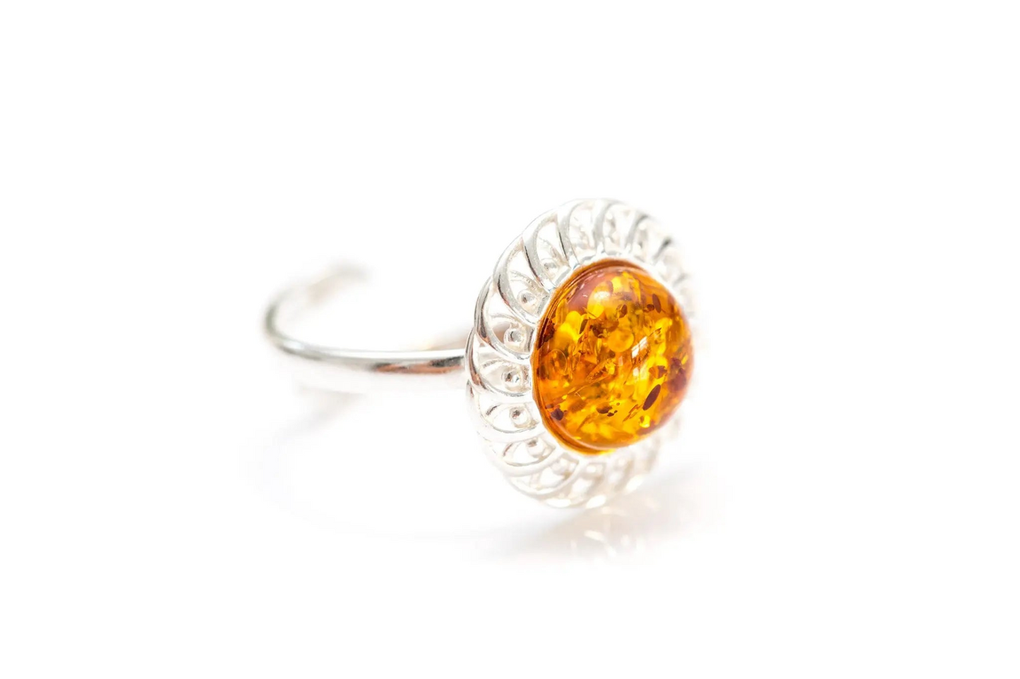 Amber Spiral Ring - Elegant Baltic Amber & Sterling Silver Adjustable Ring - BEYRUN