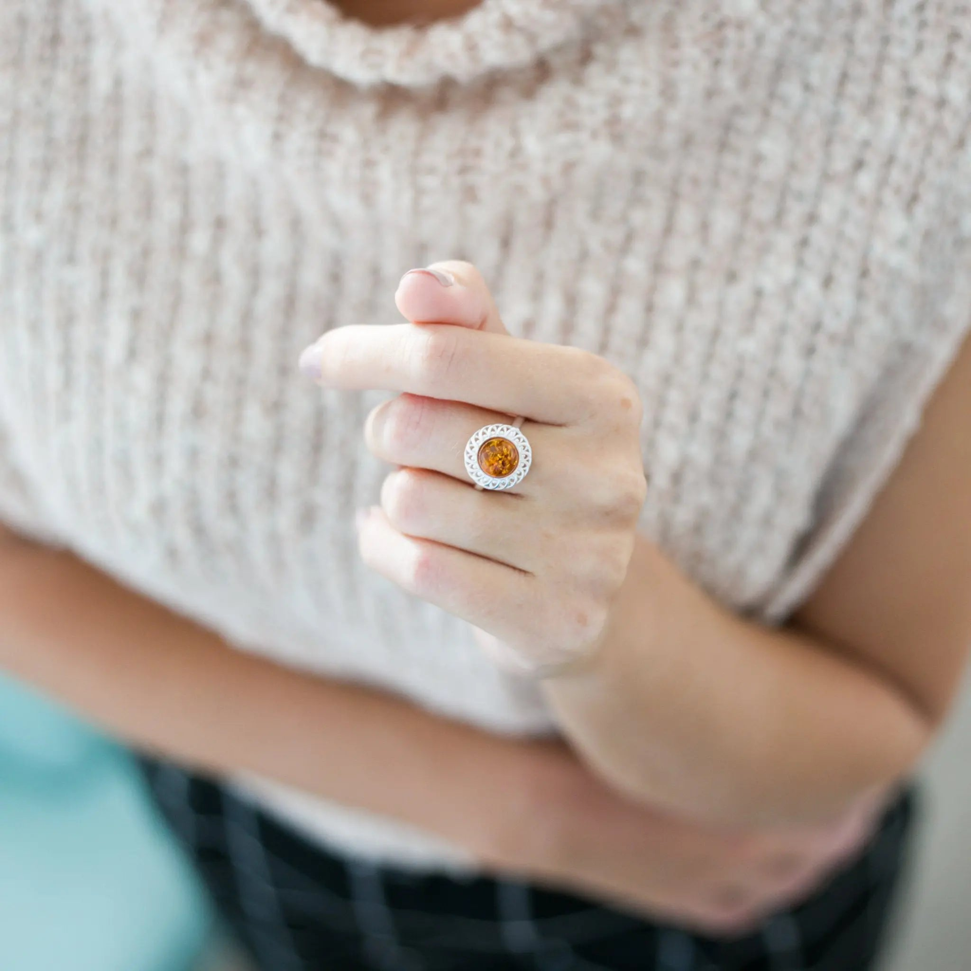 Amber Spiral Ring - Elegant Baltic Amber & Sterling Silver Adjustable Ring - BEYRUN