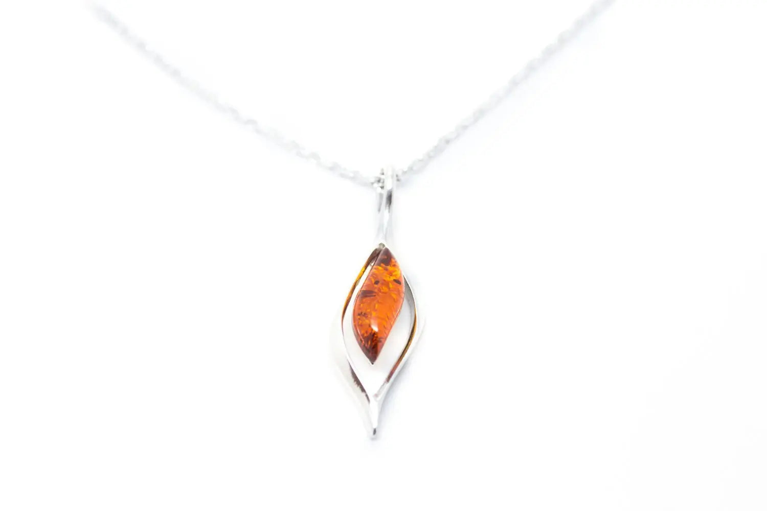 Small Droplet Amber Pendant - Delicate Sterling Silver Necklace with Baltic Amber Stone - BEYRUN