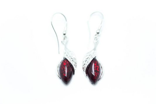 Shop Fancy Top Cherry Red Dangle Earrings | Modern Design, Baltic Amber & Sterling Silver - BEYRUN