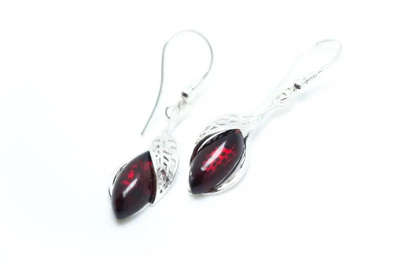 Shop Fancy Top Cherry Red Dangle Earrings | Modern Design, Baltic Amber & Sterling Silver - BEYRUN