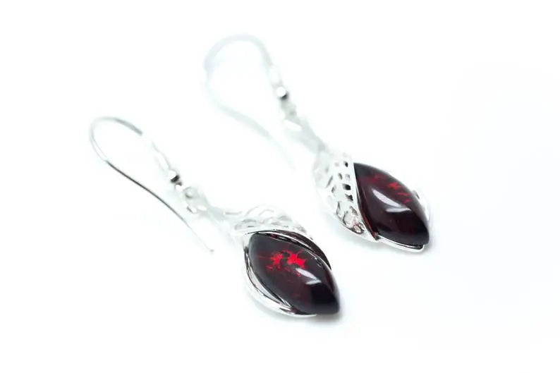 Shop Fancy Top Cherry Red Dangle Earrings | Modern Design, Baltic Amber & Sterling Silver - BEYRUN