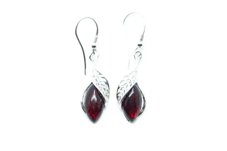 Shop Fancy Top Cherry Red Dangle Earrings | Modern Design, Baltic Amber & Sterling Silver - BEYRUN