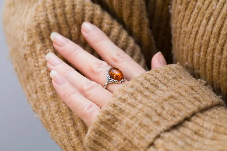 Elegant Boho Amber Ring - Natural Baltic Amber & Sterling Silver