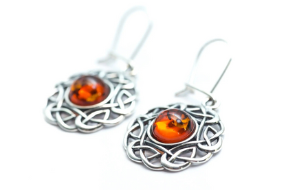 Amber Celtic Pattern Earrings - Artistic Filigree Design - BEYRUN