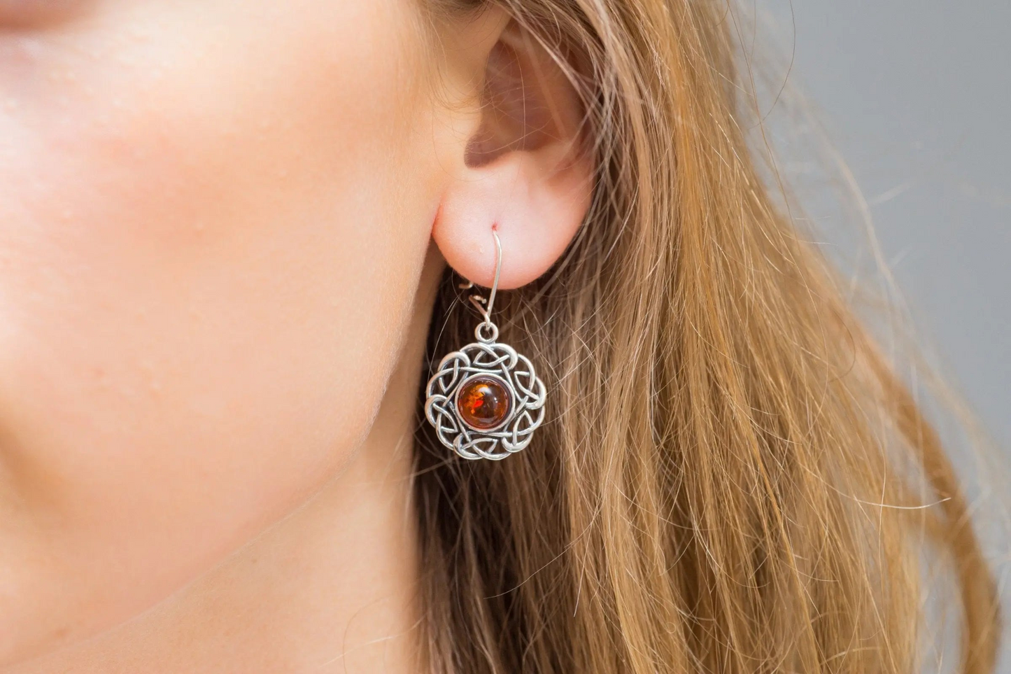 Amber Celtic Pattern Earrings - Artistic Filigree Design - BEYRUN