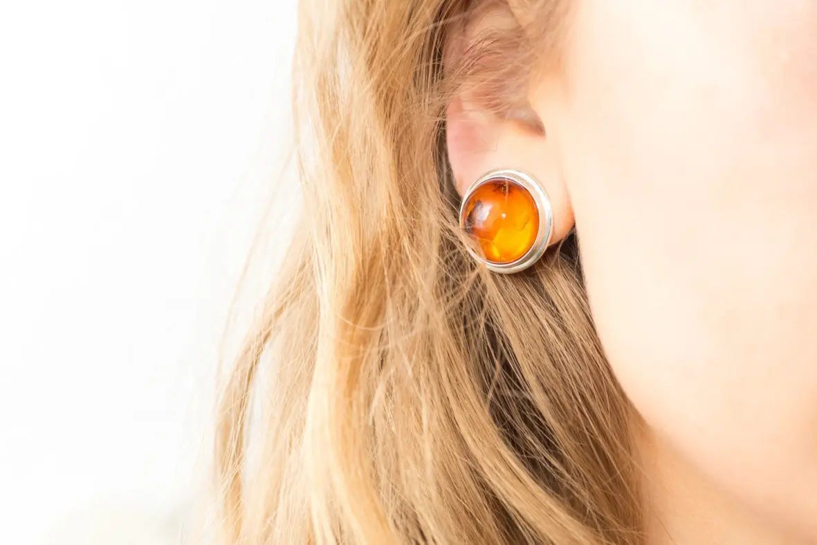 Round Amber Clip On Earrings - Lightweight Baltic Amber Earrings - BEYRUN