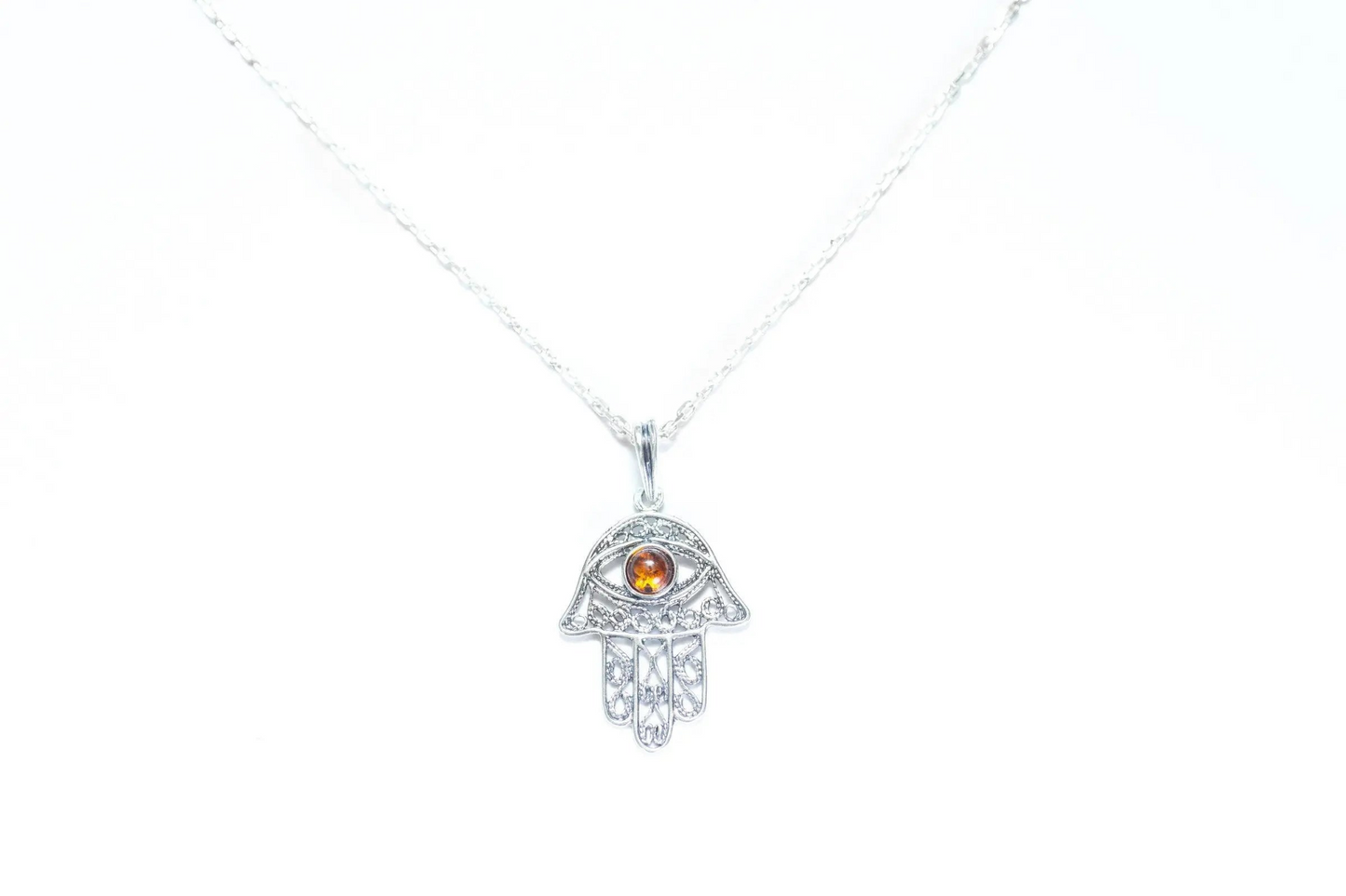 Ajoure Hamsa Pendant - Sterling Silver Charm Pendant with Amber Centerpiece - BEYRUN