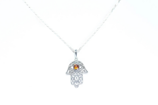 Ajoure Hamsa Pendant - Sterling Silver Charm Pendant with Amber Centerpiece - BEYRUN