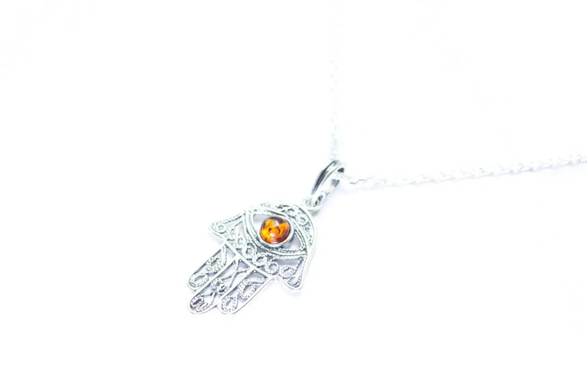 Ajoure Hamsa Pendant - Sterling Silver Charm Pendant with Amber Centerpiece - BEYRUN