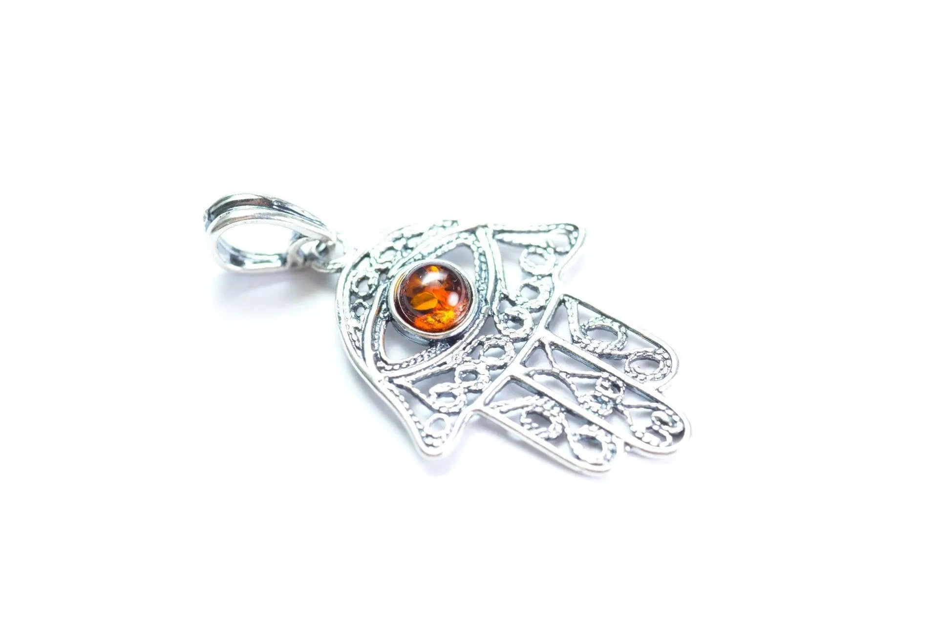 Ajoure Hamsa Pendant - Sterling Silver Charm Pendant with Amber Centerpiece - BEYRUN