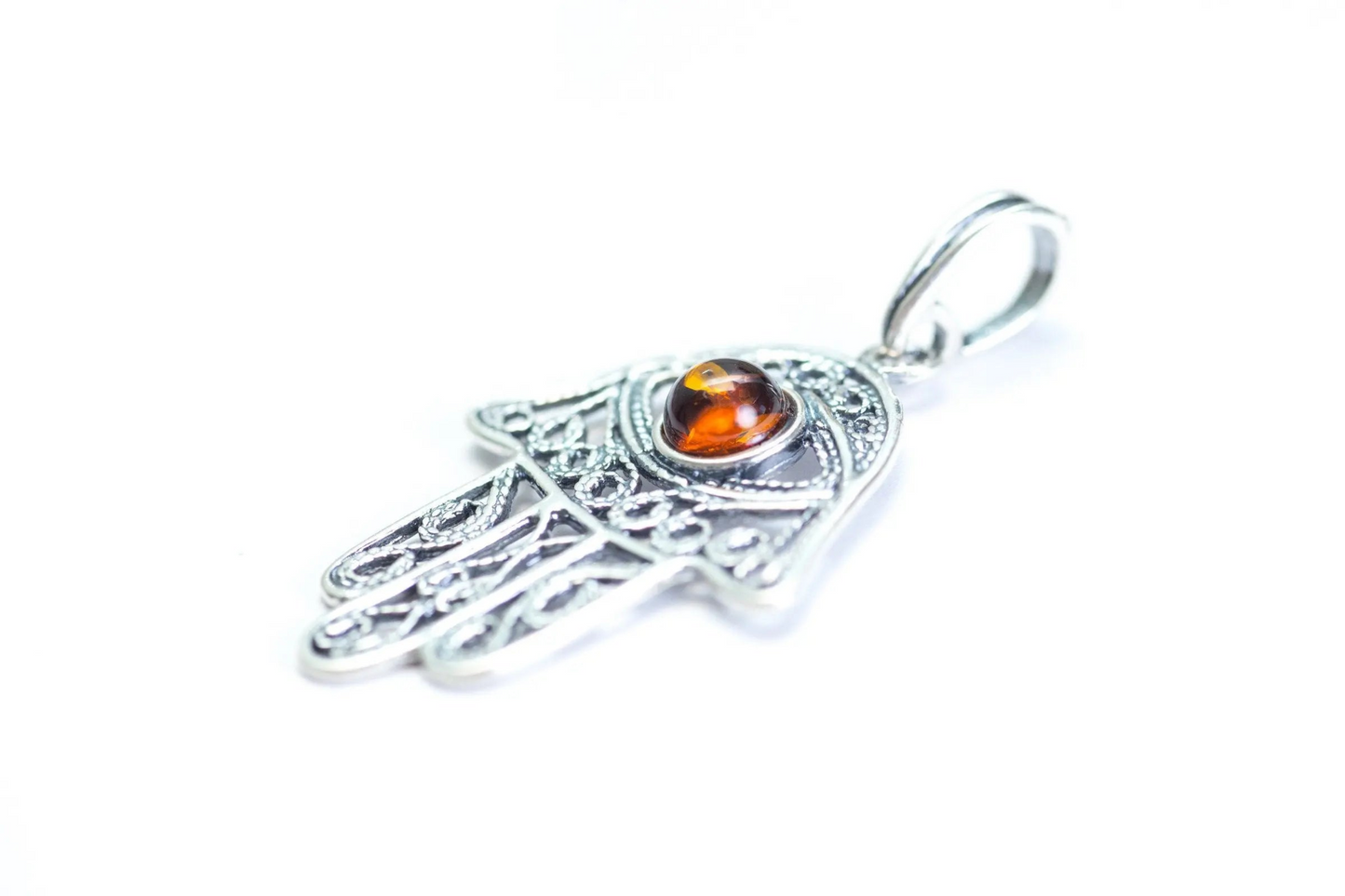 Ajoure Hamsa Pendant - Sterling Silver Charm Pendant with Amber Centerpiece - BEYRUN