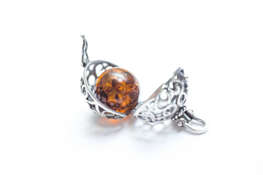 Sterling Silver Filigree Locket Necklace with Baltic Amber Stone - BEYRUN