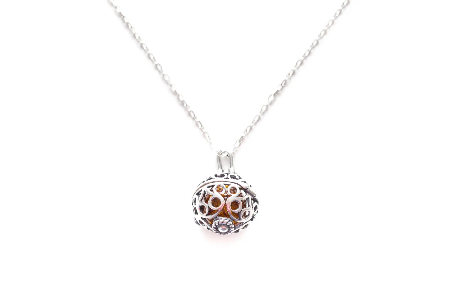 Sterling Silver Filigree Locket Necklace with Baltic Amber Stone - BEYRUN