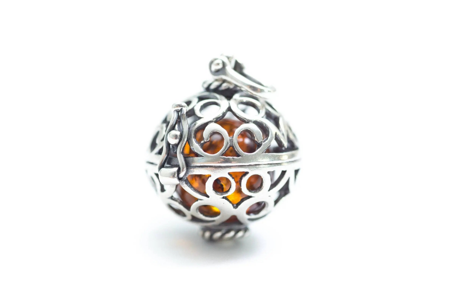 Sterling Silver Filigree Locket Necklace with Baltic Amber Stone - BEYRUN