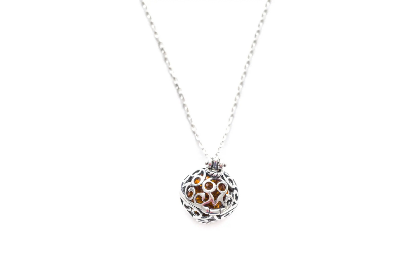 Sterling Silver Filigree Locket Necklace with Baltic Amber Stone - BEYRUN