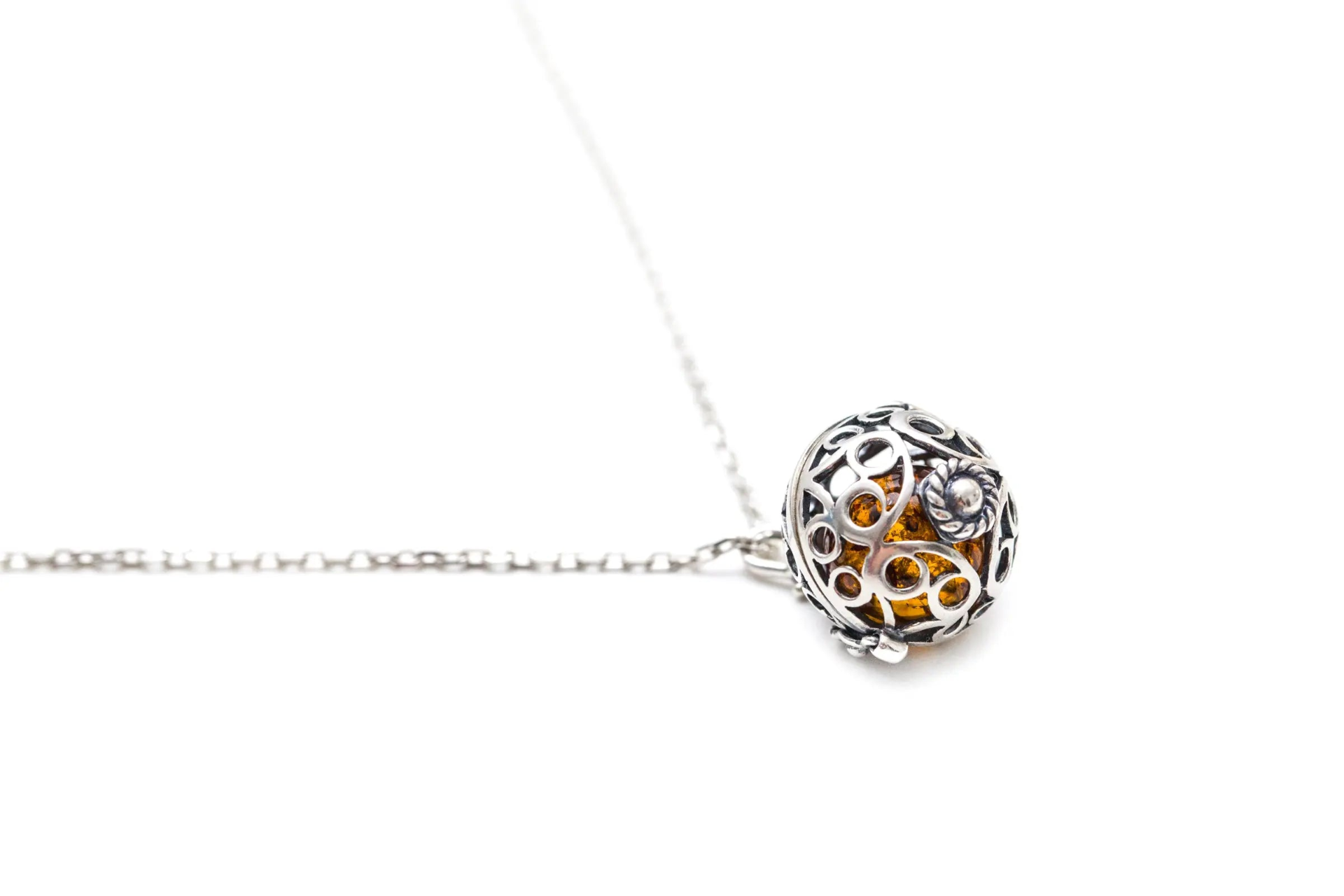 Sterling Silver Filigree Locket Necklace with Baltic Amber Stone - BEYRUN