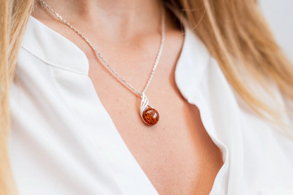 Amber Orb Pendant - Modern Minimalistic Design, Baltic Amber & Sterling Silver - BEYRUN