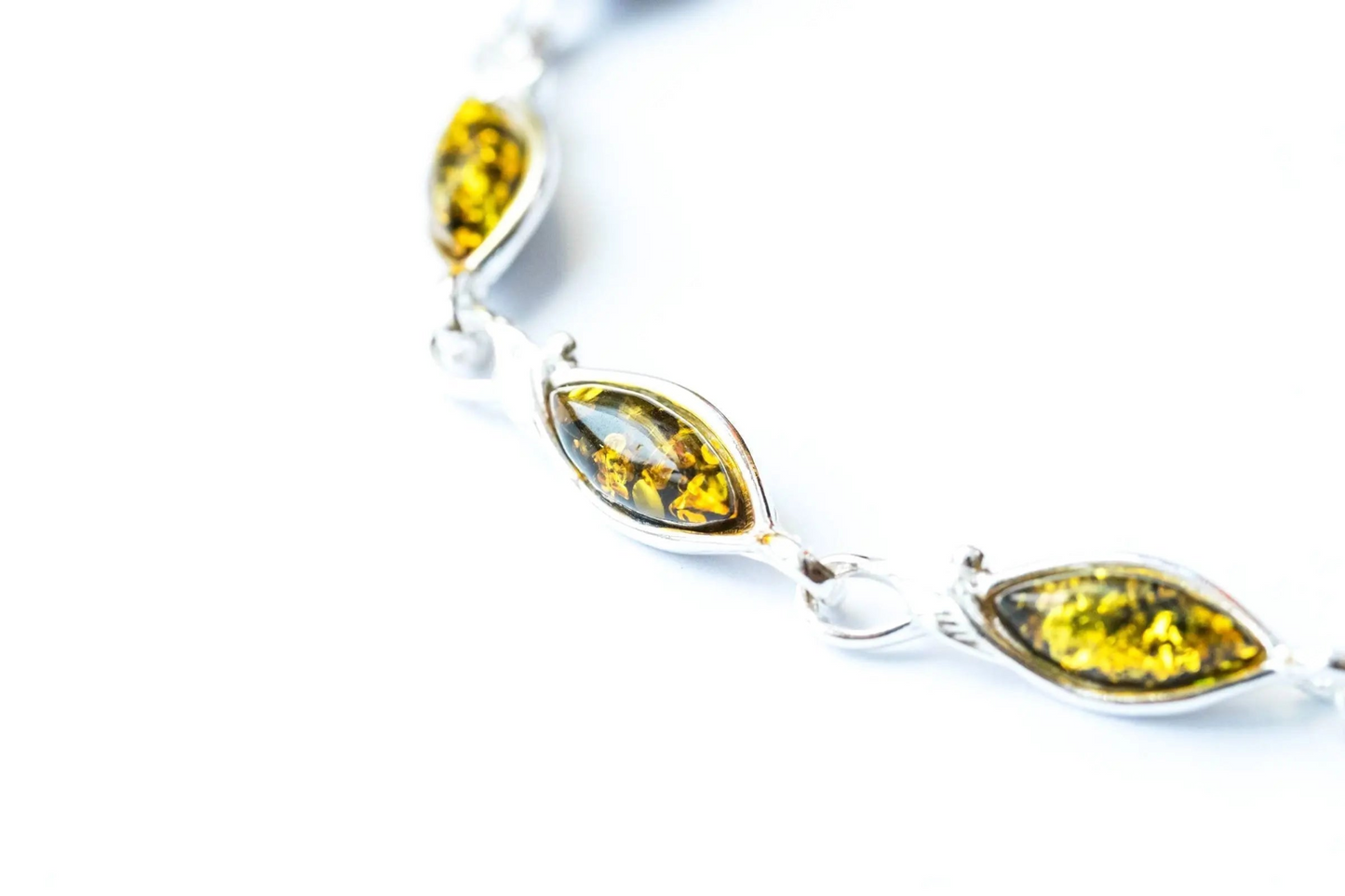 Elegant Green Amber Leaf Bracelet | Sterling Silver | Nature-Inspired Design