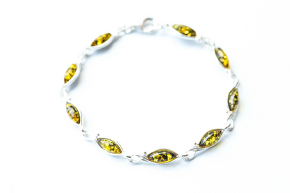 Elegant Green Amber Leaf Bracelet | Sterling Silver | Nature-Inspired Design