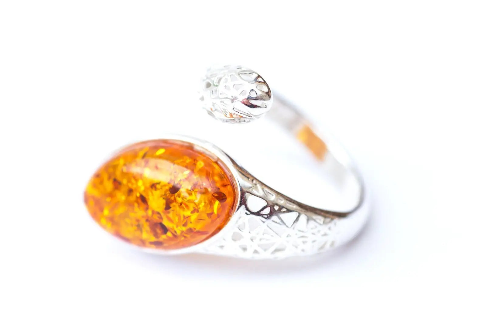 Statement Amber Snake Ring - Bold Adjustable Sterling Silver Ring with Oval Amber Stone - BEYRUN