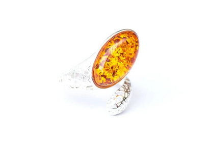 Statement Amber Snake Ring - Bold Adjustable Sterling Silver Ring with Oval Amber Stone - BEYRUN