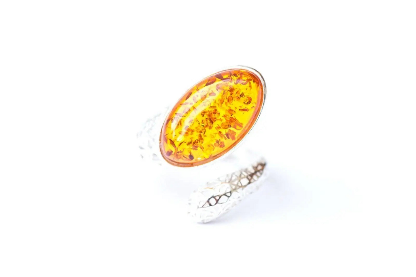 Statement Amber Snake Ring - Bold Adjustable Sterling Silver Ring with Oval Amber Stone - BEYRUN