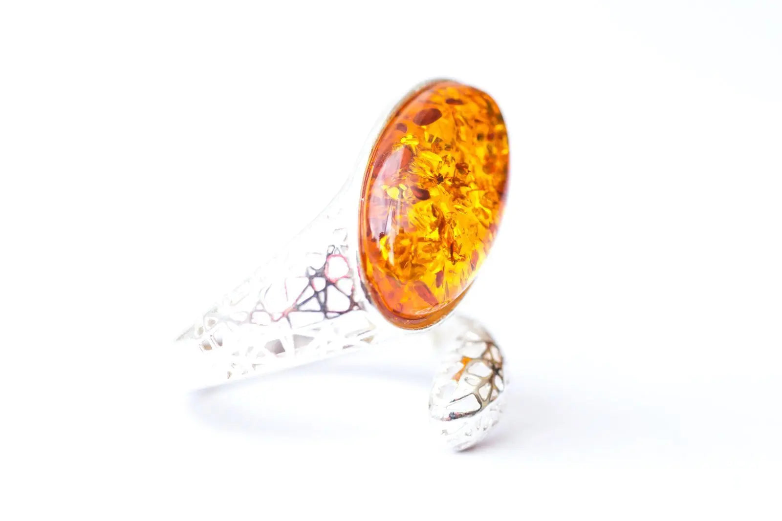 Statement Amber Snake Ring - Bold Adjustable Sterling Silver Ring with Oval Amber Stone - BEYRUN