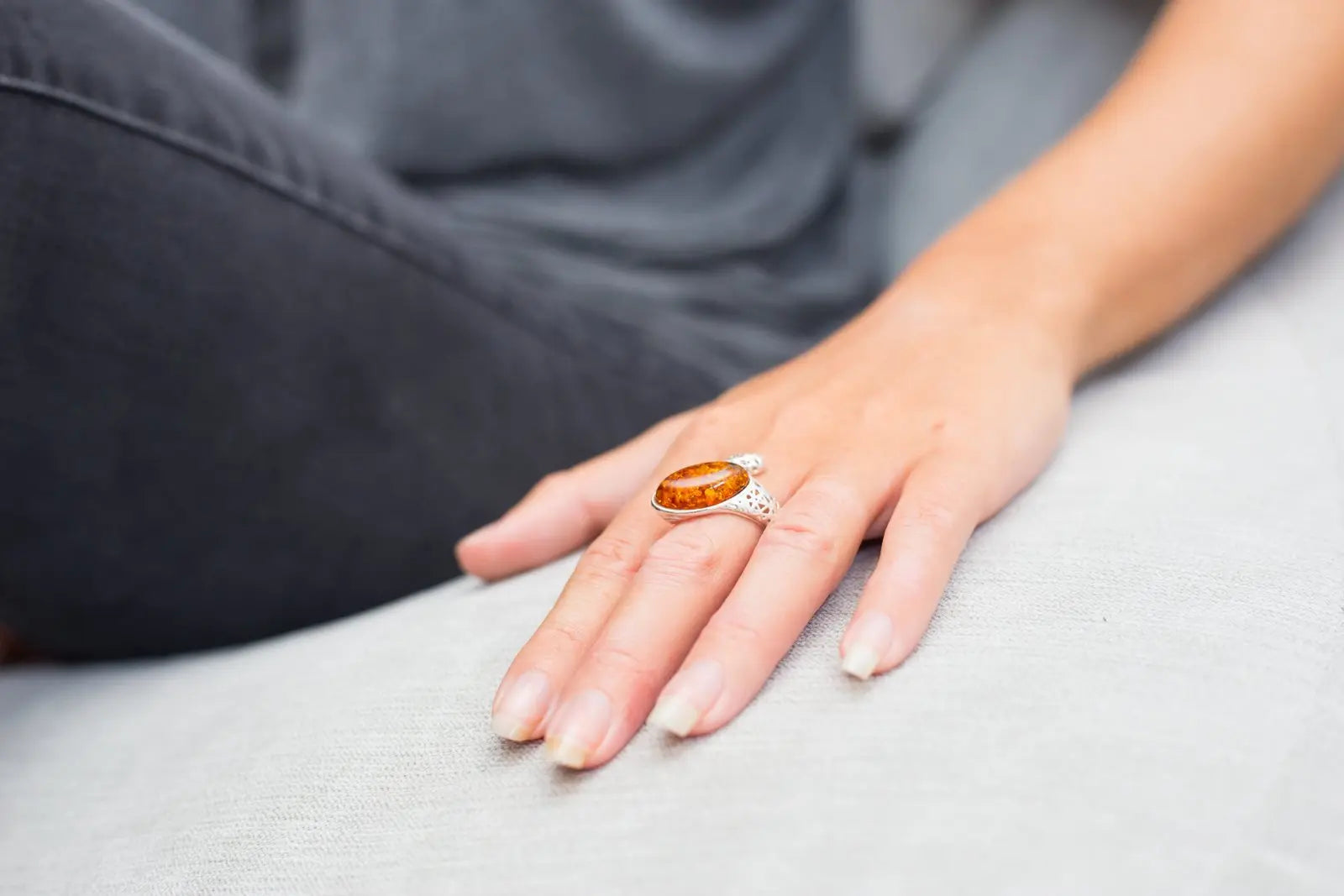 Statement Amber Snake Ring - Bold Adjustable Sterling Silver Ring with Oval Amber Stone - BEYRUN