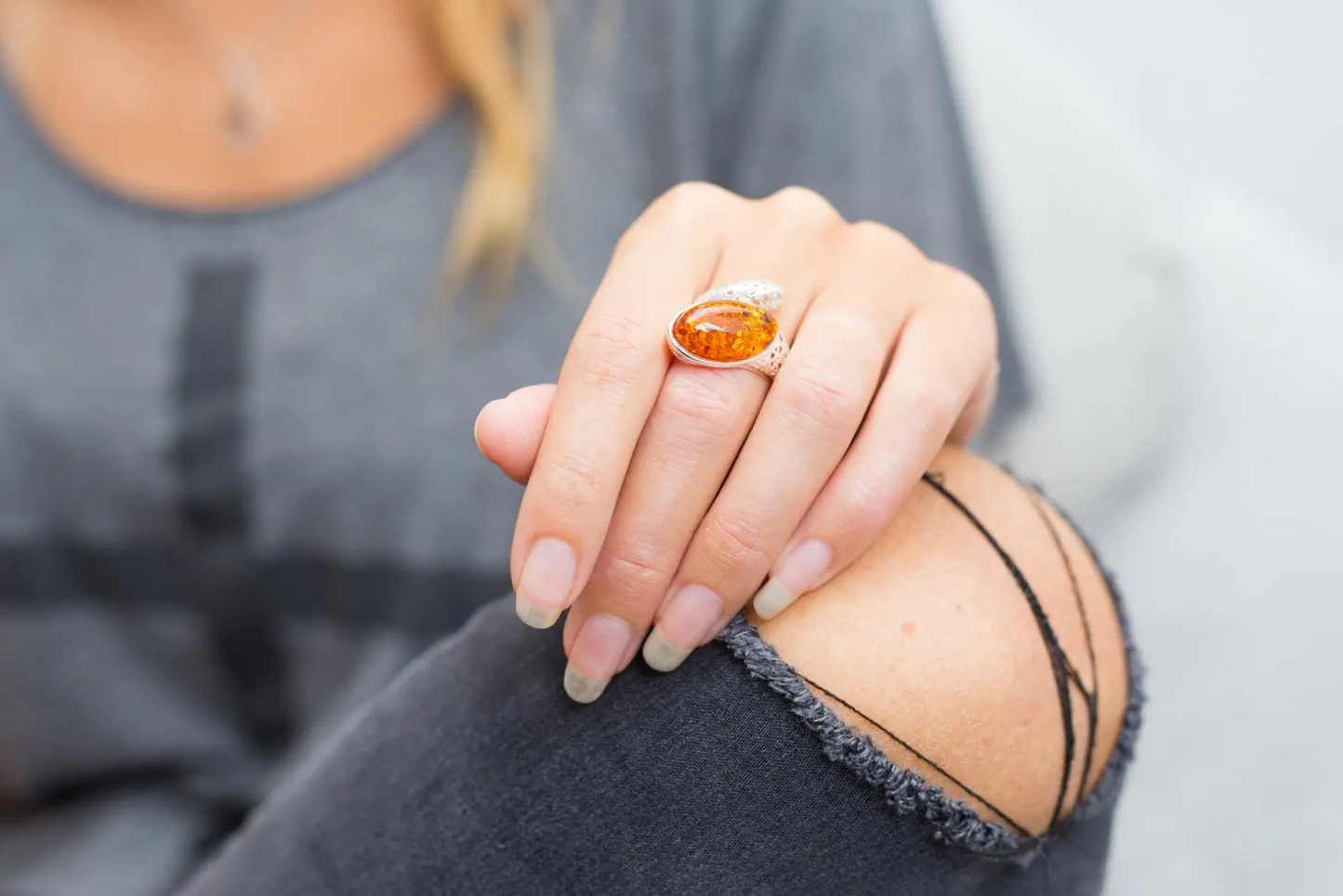 Statement Amber Snake Ring - Bold Adjustable Sterling Silver Ring with Oval Amber Stone - BEYRUN