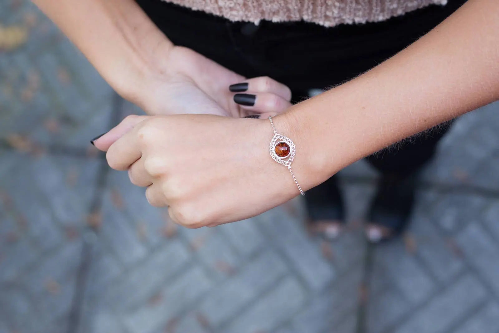 Stunning Decorative Amber & Silver Ball Bracelet - Elegant Baltic Amber Design - BEYRUN