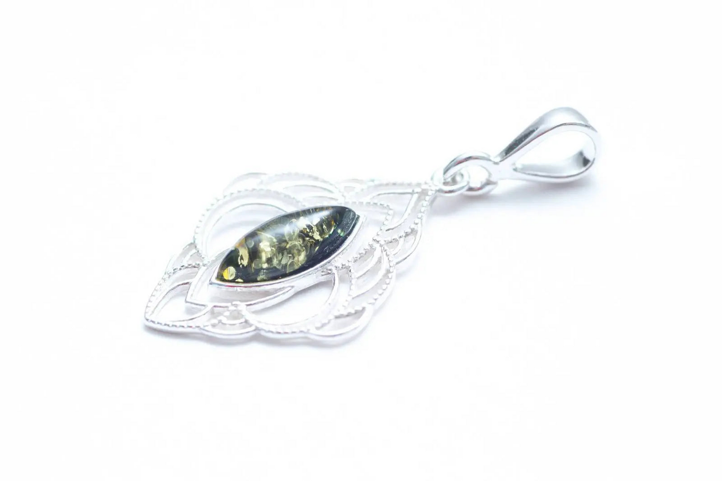 Green Amber Filigree Chandelier Pendant - Oriental Marquise Pendant with Baltic Amber & Sterling Silver - BEYRUN