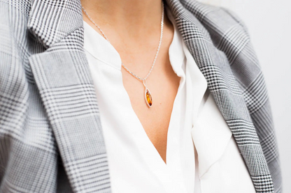 Dainty Sparkly Marquise Pendant - Baltic Amber & Sterling Silver - BEYRUN