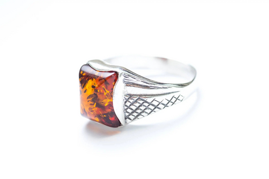 Men's Amber Solitaire Ring - Sterling Silver Band with Baltic Amber Gemstone - BEYRUN